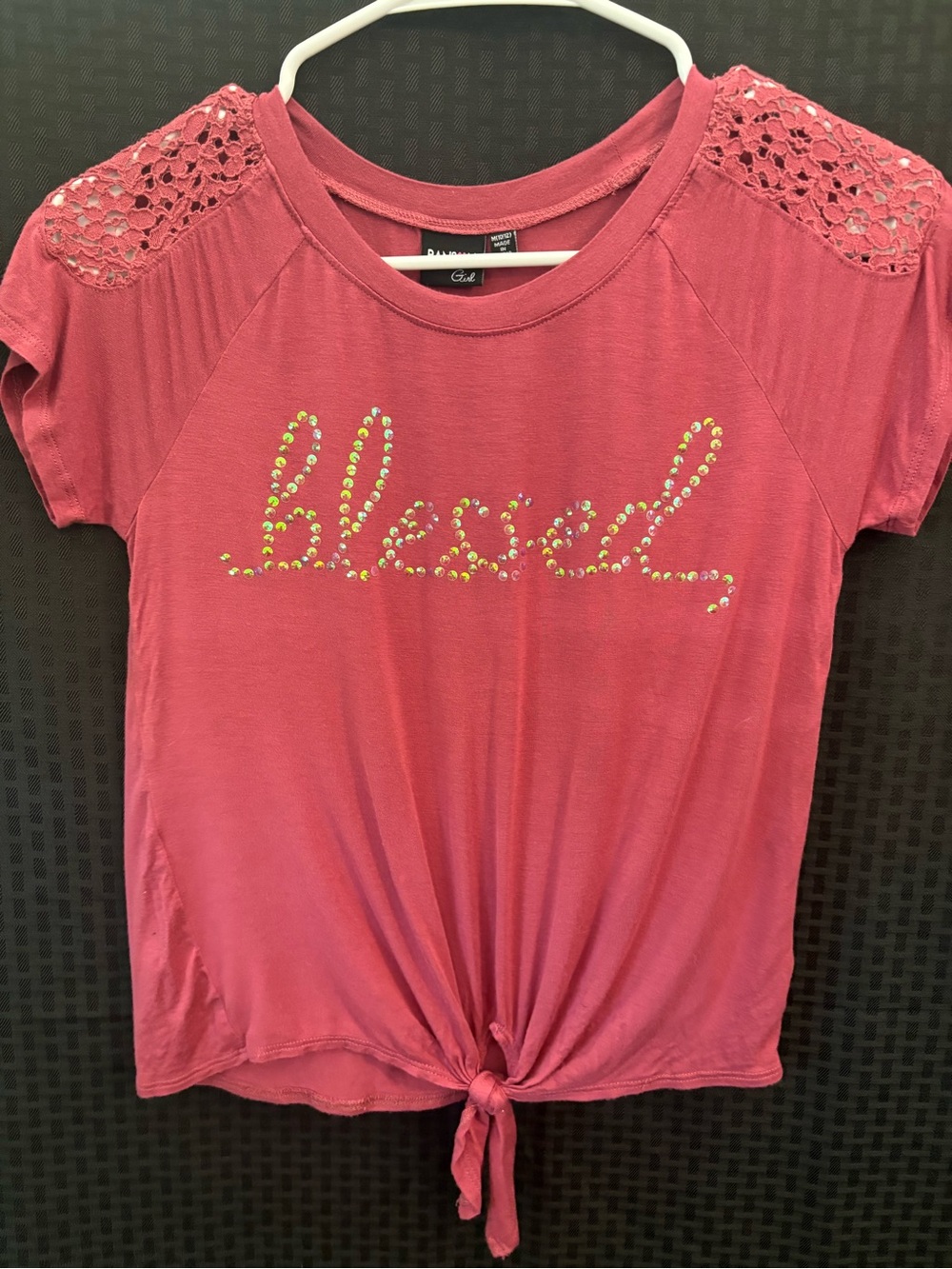 Girls' 'Blessed' Lace-Shoulder Knot-Front Tee - Rose
